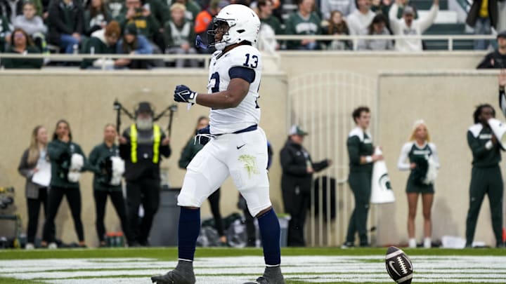 Penn State Nittany Lions running back Kaytron Allen celebrates a touchdown against the Michigan State Spartans at Spartan Stadium.