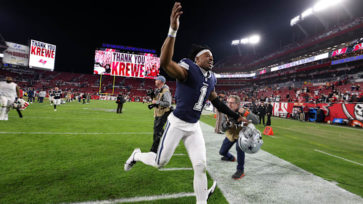 Jan 16, 2023; Tampa, Florida, USA; Dallas Cowboys cornerback Kelvin Joseph (1) reacts after the wild card game against the Tampa Bay Buccaneers at Raymond James Stadium. Mandatory Credit: Nathan Ray Seebeck-USA TODAY Sports
