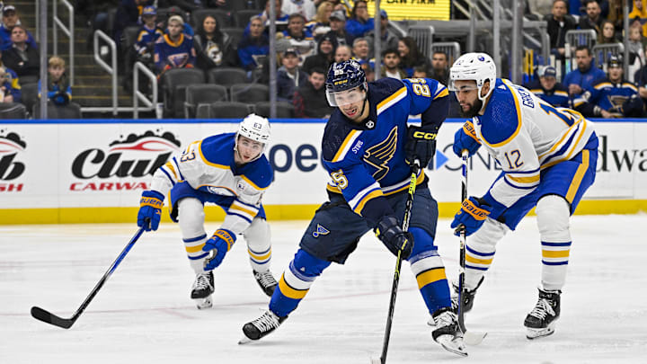 Nov 30, 2023; St. Louis, Missouri, USA;  St. Louis Blues center Jordan Kyrou (25) controls the puck