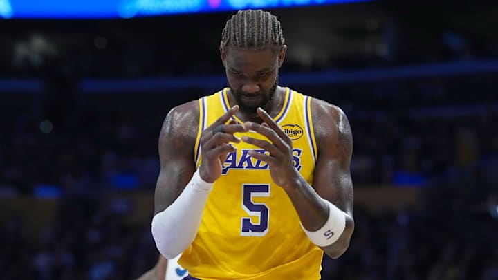 Oct 24, 2025; Los Angeles, California, USA; Los Angeles Lakers center Deandre Ayton (5) reacts in the first half against the Minnesota Timberwolves at Crypto.com Arena. Mandatory Credit: Kirby Lee-Imagn Images