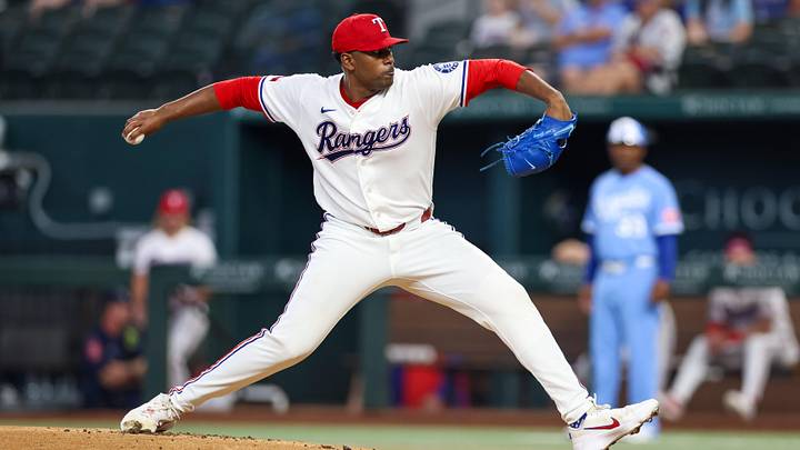 May 30, 2026; Arlington, Texas, USA; Texas Rangers pitcher Kumar Rocker (80) throws during the first inning against the Kansas City Royals at Globe Life Field. Mandatory Credit: Andrew Dieb-Imagn Images May 30, 2026; Arlington, Texas, USA; Texas Rangers pitcher Kumar Rocker (80) throws during the first inning against the Kansas City Royals at Globe Life Field. Mandatory Credit: Andrew Dieb-Imagn Images