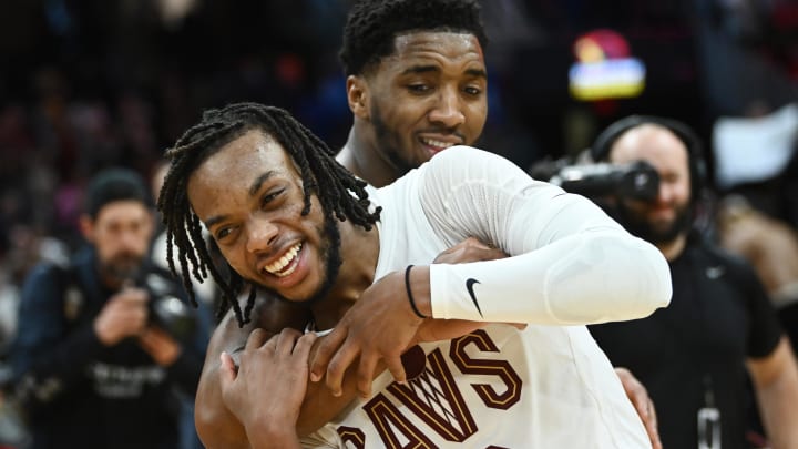 Feb 11, 2023; Cleveland, Ohio, USA; Cleveland Cavaliers guard Donovan Mitchell (45) and guard Darius Garland (10) celebrate after the Cavaliers beat the Chicago Bulls at Rocket Mortgage FieldHouse. Mandatory Credit: Ken Blaze-USA TODAY Sports