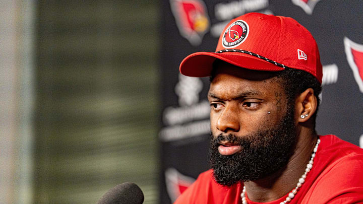 Josh Sweat speaks to members of the media at the Arizona Cardinals Training Center in Tempe on March 13, 2025.