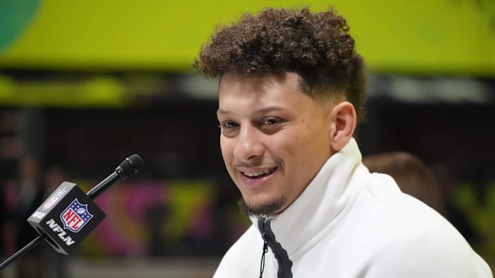 Feb 3, 2025; New Orleans, LA, USA; Kansas City Chiefs quarterback Patrick Mahomes (15)  during Super Bowl LIX Opening Night at Ceasars Superdome. Mandatory Credit: Kirby Lee-Imagn Images