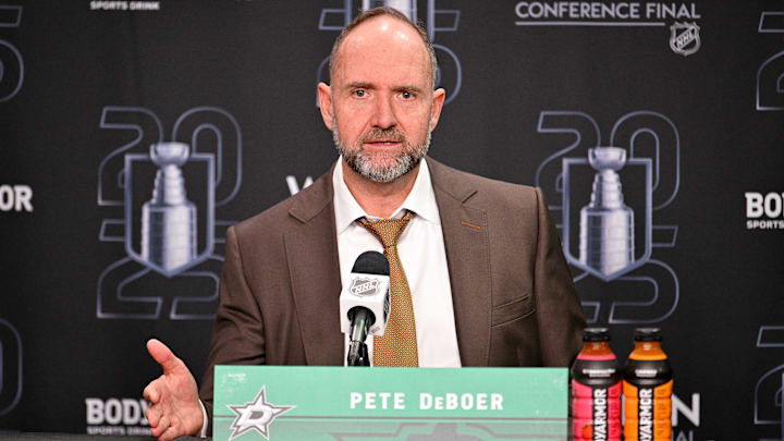 May 29, 2025; Dallas, Texas, USA; Dallas Stars head coach Pete DeBoer speaks to the media after the game against the Edmonton Oilers in game five of the Western Conference Final of the 2025 Stanley Cup Playoffs at American Airlines Center. Mandatory Credit: Jerome Miron-Imagn Images