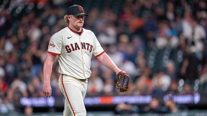 Sep 8, 2025; San Francisco, California, USA; San Francisco Giants starting pitcher Logan Webb (62) reacts after striking out Arizona Diamondbacks designated hitter Adrian Del Castillo (25) for the third out with men in scoring position during the fifth inning at Oracle Park. Mandatory Credit: Neville E. Guard-Imagn Images