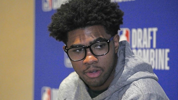 May 14, 2025; Chicago, Il, USA; Jase Richardson talks to the media during the 2025 NBA Draft Combine at Marriott Marquis Chicago. Mandatory Credit: David Banks-Imagn Images