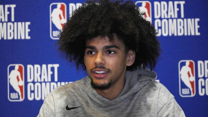 May 14, 2025; Chicago, Il, USA; Asa Newell talks to the media during the 2025 NBA Draft Combine at Marriott Marquis Chicago. Mandatory Credit: David Banks-Imagn Images May 14, 2025; Chicago, Il, USA; Asa Newell talks to the media during the 2025 NBA Draft Combine at Marriott Marquis Chicago. Mandatory Credit: David Banks-Imagn Images