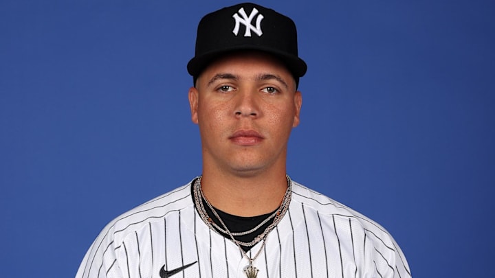 Feb 21, 2024; Tampa, FL, USA; New York Yankees pitcher Oddanier Mosqueda poses during Photo Day at Steinbrenner Field. Mandatory Credit: New York Yankees via Imagn Images