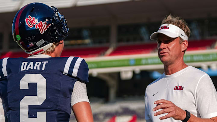 Ole Miss Rebels quarterback Jaxson Dart and head coach Lane Kiffin during Saturday's mock game at Vaught-Hemingway Stadium.