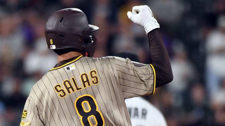 Sep 16, 2026; Denver, Colorado, USA; San Diego Padres catcher Ethan Salas (8) celebrates after a home run in the fifth inning against the Colorado Rockies at Coors Field. Mandatory Credit: Christopher Hanewinckel-Imagn Images