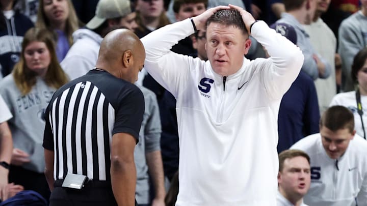 Penn State Nittany Lions head coach Mike Rhoades reacts to a call from the bench during the first half against the UCLA Bruins at Bryce Jordan Center. 