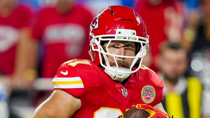 Kansas City Chiefs tight end Travis Kelce (87) catches a pass during the first half against the Detroit Lions at GEHA Field at Arrowhead Stadium. 
