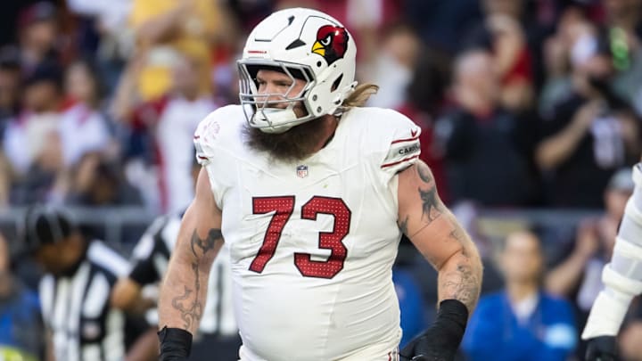 Dec 15, 2024; Glendale, Arizona, USA; Arizona Cardinals offensive tackle Jonah Williams (73) against the New England Patriots at State Farm Stadium. Mandatory Credit: Mark J. Rebilas-Imagn Images Dec 15, 2024; Glendale, Arizona, USA; Arizona Cardinals offensive tackle Jonah Williams (73) against the New England Patriots at State Farm Stadium. Mandatory Credit: Mark J. Rebilas-Imagn Images