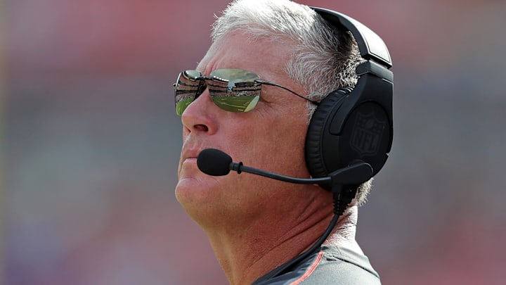 Cleveland Browns defensive coordinator Jim Schwartz looks to the scoreboard during the first half of an NFL preseason football game at Cleveland Browns Stadium, Saturday, Aug. 17, 2024, in Cleveland, Ohio. Cleveland Browns defensive coordinator Jim Schwartz looks to the scoreboard during the first half of an NFL preseason football game at Cleveland Browns Stadium, Saturday, Aug. 17, 2024, in Cleveland, Ohio.