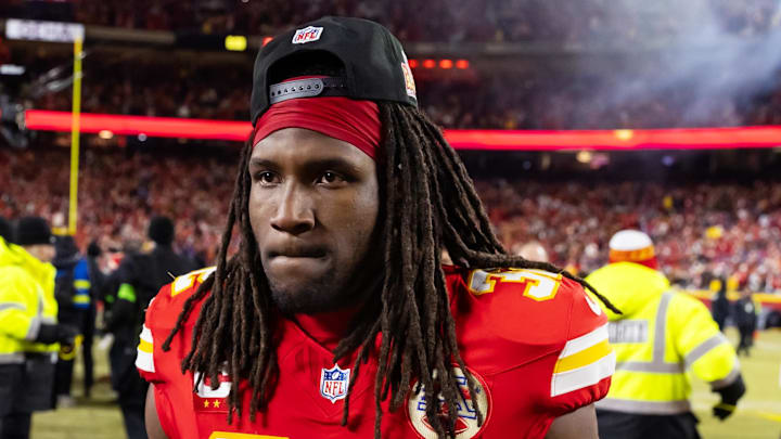 Jan 26, 2025; Kansas City, MO, USA; Kansas City Chiefs linebacker Nick Bolton (32) against the Buffalo Bills in the AFC Championship game at GEHA Field at Arrowhead Stadium. Mandatory Credit: Mark J. Rebilas-Imagn Images