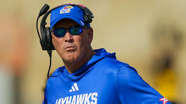 Sep 6, 2025; Columbia, Missouri, USA; Kansas Jayhawks head coach Lance Leipold reacts during the first half against the Missouri Tigers at Faurot Field at Memorial Stadium. Mandatory Credit: Jay Biggerstaff-Imagn Images Sep 6, 2025; Columbia, Missouri, USA; Kansas Jayhawks head coach Lance Leipold reacts during the first half against the Missouri Tigers at Faurot Field at Memorial Stadium. Mandatory Credit: Jay Biggerstaff-Imagn Images