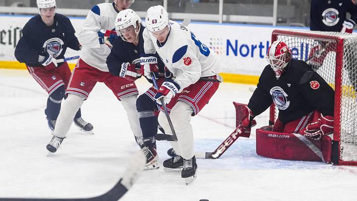 NY Rangers prospect, and first round draft pick, Alberts Šmits (63) works against Felix Farhammar (56) during a prospect development camp at the NY Rangers practice facility in Elmsford on Wednesday, July 1, 2026.