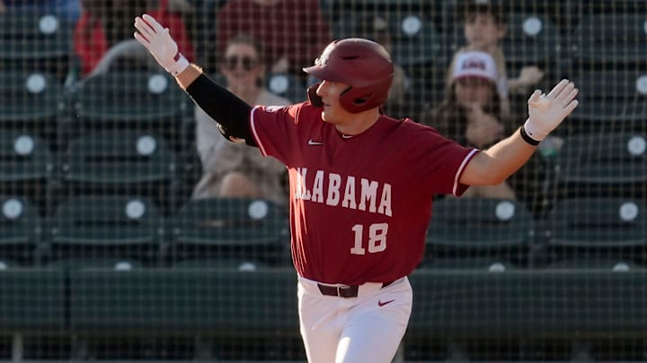Feb 25, 2025; Tuscaloosa, AL, USA; Alabama hitter Will Hodo celebrates his home run against Jacksonville State at Sewell-Thomas Stadium.