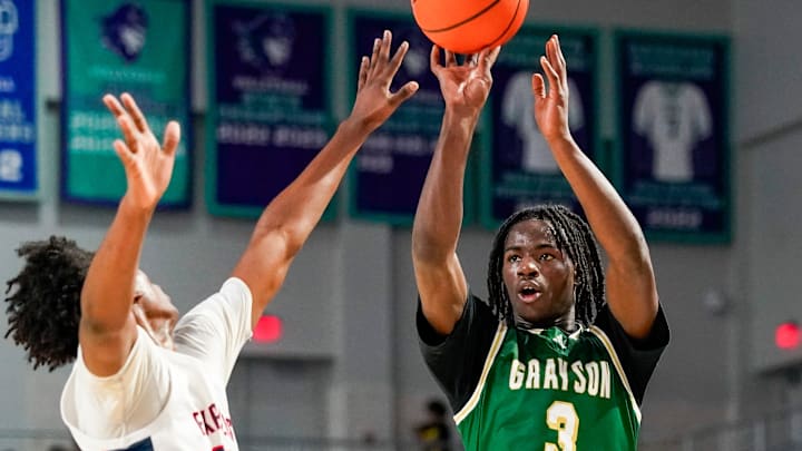Grayson Rams guard Caleb Holt (3) shoots the ball during the second quarter of a City of Palms Classic quarterfinal game against the Columbus Explorers at Suncoast Credit Union Arena in Fort Myers, Fla., on Friday, Dec. 20, 2024.