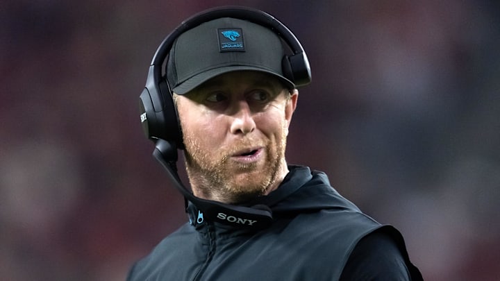 Nov 23, 2025; Glendale, Arizona, USA; Jacksonville Jaguars head coach Liam Coen against the Arizona Cardinals at State Farm Stadium. Mandatory Credit: Mark J. Rebilas-Imagn Images