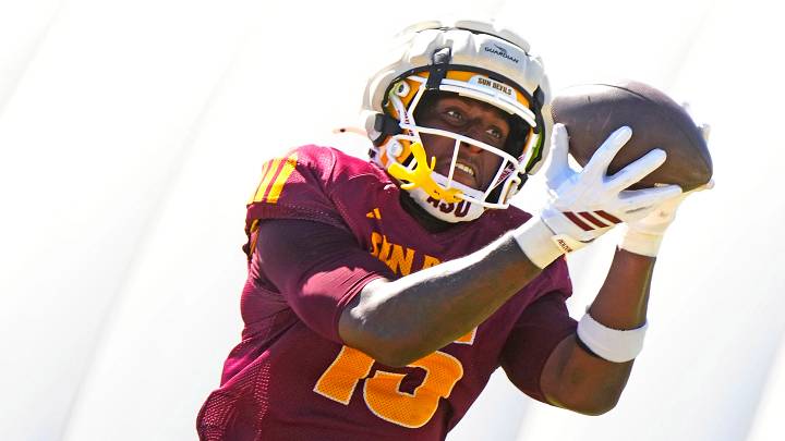 Arizona State tight end Khamari Anderson (15) makes a catch during a spring practice at Kajikawa practice fields in Tempe on April 14, 2026. Arizona State tight end Khamari Anderson (15) makes a catch during a spring practice at Kajikawa practice fields in Tempe on April 14, 2026.