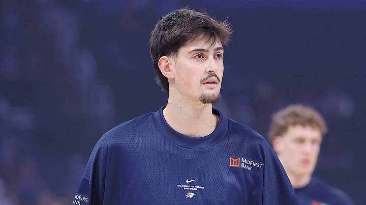 Oct 7, 2026; Oklahoma City, Oklahoma, USA; Oklahoma City Thunder center Aday Mara (15) warms up before the start of a preseason game against the Milwaukee Bucks at Paycom Center. Mandatory Credit: Alonzo Adams-Imagn Images