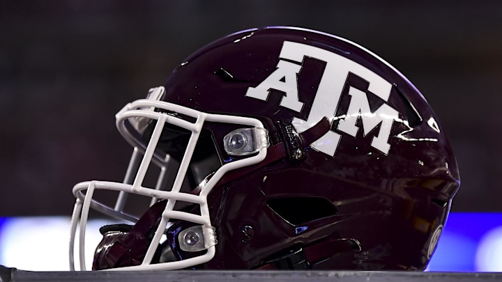 Oct 23, 2021; College Station, Texas, USA; Texas A&M Aggies helmet on the sideline during the game against the South Carolina Gamecocks at Kyle Field. Mandatory Credit: Maria Lysaker-Imagn Images Oct 23, 2021; College Station, Texas, USA; Texas A&M Aggies helmet on the sideline during the game against the South Carolina Gamecocks at Kyle Field. Mandatory Credit: Maria Lysaker-Imagn Images