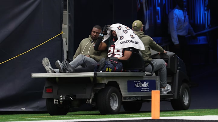 Nov 9, 2025; Houston, Texas, USA; Houston Texans safety M.J. Stewart (29) is taken off the field with an apparent injury during the first half against the Jacksonville Jaguars at NRG Stadium. Mandatory Credit: Thomas Shea-Imagn Images Nov 9, 2025; Houston, Texas, USA; Houston Texans safety M.J. Stewart (29) is taken off the field with an apparent injury during the first half against the Jacksonville Jaguars at NRG Stadium. Mandatory Credit: Thomas Shea-Imagn Images
