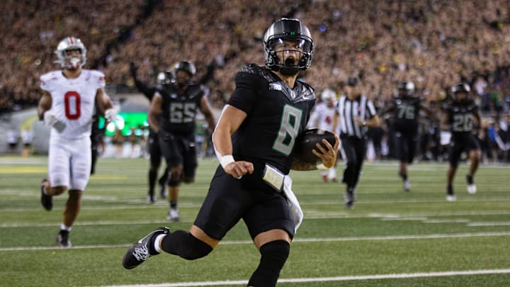 Oregon quarterback Dillon Gabriel scores a touchdown against Ohio State in the forth quarter at Autzen Stadium Saturday, Oct. 12, 2024.