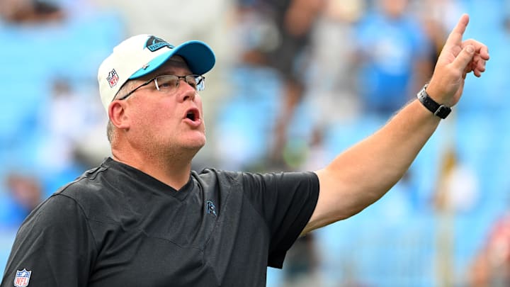 Sep 11, 2022; Charlotte, North Carolina, USA; Carolina Panthers offensive line coach James Campen before the game at Bank of America Stadium. Mandatory Credit: Bob Donnan-Imagn Images