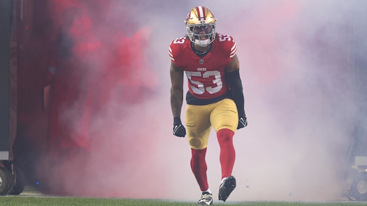 Dec 30, 2024; Santa Clara, California, USA; San Francisco 49ers linebacker Dee Winters (53) during the game against the Detroit Lions at Levi's Stadium. Mandatory Credit: Sergio Estrada-Imagn Images