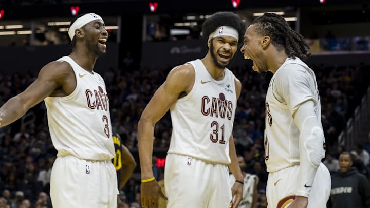 Dec 30, 2024; San Francisco, California, USA; Cleveland Cavaliers guard Darius Garland (10) and center Jarrett Allen (31) and guard Caris LeVert (3) react after a foul is called against a Golden State Warriors player during the third quarter at Chase Center. Dec 30, 2024; San Francisco, California, USA; Cleveland Cavaliers guard Darius Garland (10) and center Jarrett Allen (31) and guard Caris LeVert (3) react after a foul is called against a Golden State Warriors player during the third quarter at Chase Center.