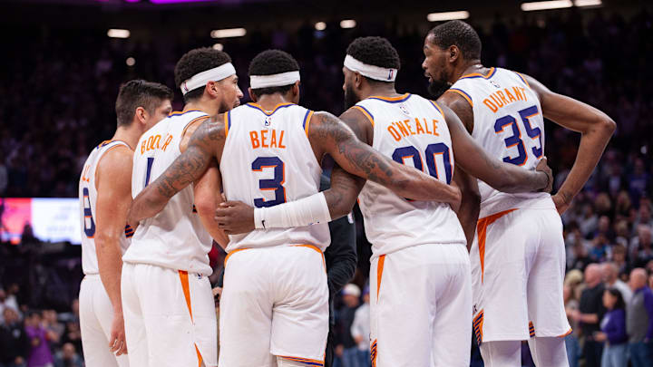 Apr 12, 2024; Sacramento, California, USA; Phoenix Suns guard Grayson Allen (8) and guard Devin