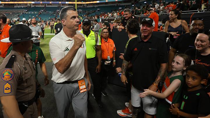Nov 15, 2025; Miami Gardens, Florida, USA; Miami Hurricanes head coach Mario Cristobal reacts after the game against NC State Wolfpack at Hard Rock Stadium. Mandatory Credit: Sam Navarro-Imagn Images