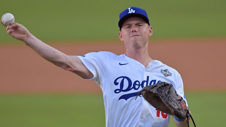 Oct 29, 2025; Los Angeles, California, USA; Los Angeles Dodgers catcher Will Smith (16) warms up before game five of the 2025 MLB World Series against the Toronto Blue Jays at Dodger Stadium. Mandatory Credit: Jayne Kamin-Oncea-Imagn Images