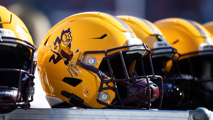 Nov 30, 2024; Tucson, Arizona, USA; Detailed view of an Arizona State Sun Devils helmet during the Territorial Cup at Arizona Stadium. Mandatory Credit: Mark J. Rebilas-Imagn Images