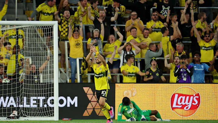 Aug 21, 2024; Columbus, Ohio, USA; Columbus Crew forward Diego Rossi (10) celebrates after scoring a goal against Philadelphia Union goalkeeper Andre Blake (18) during the first half in a Leagues Cup semifinal match at Lower.com Field. Mandatory Credit: Trevor Ruszkowski-USA TODAY Sports