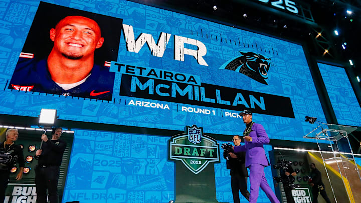 Wide receiver Tetairoa McMillan walks across the stage after being selected eighth overall by the Carolina Panthers during the first round of the 2025 NFL Draft on Thursday, April 24, 2025, at Lambeau Field in Green Bay, Wisconsin. The draft runs through April 26.
Tork Mason/USA TODAY NETWORK-Wisconsin