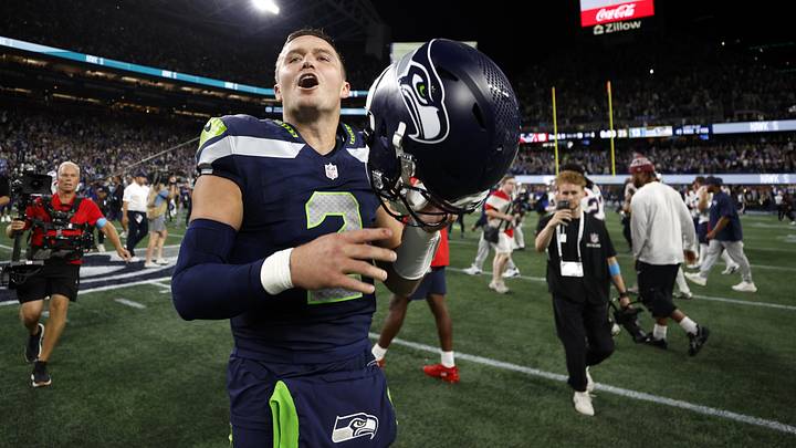 Seattle Seahawks quarterback Drew Lock (2) reacts after defeating the New England Patriots at Lumen Field.