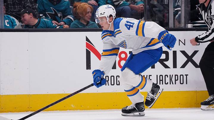 Mar 30, 2026; San Jose, California, USA;  St. Louis Blues defenseman Theo Lindstein (41) pursues the puck during a game against the San Jose Sharks in the second period at SAP Center at San Jose. Mandatory Credit: David Gonzales-Imagn Images