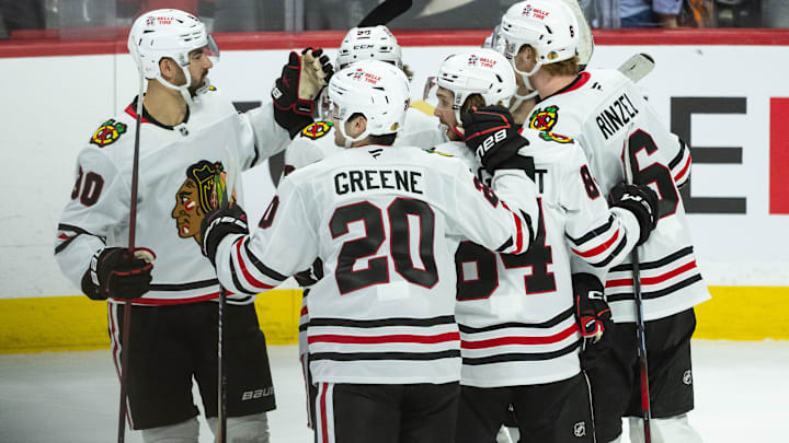 Apr 15, 2025; Ottawa, Ontario, CAN; The Chicago Blackhawks celebrate a goal scored by center Frank Nazar (91) in overtime against the Ottawa Senators at the Canadian Tire Centre. Mandatory Credit: Marc DesRosiers-Imagn Images