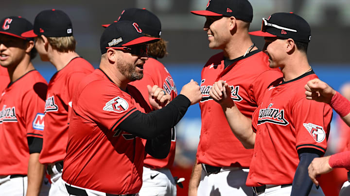 Oct 5, 2024; Cleveland, OH, USA; Cleveland Guardians manager Stephen Vogt is introduced before playing against the Detroit Tigers in game one of the ALDS for the 2024 MLB Playoffs at Progressive Field. Mandatory Credit: Ken Blaze-Imagn Images