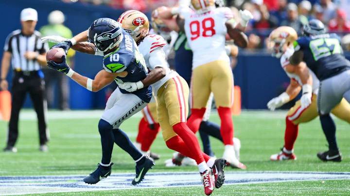 Seattle Seahawks wide receiver Cooper Kupp (10) makes a catch during the first half against San Francisco 49ers