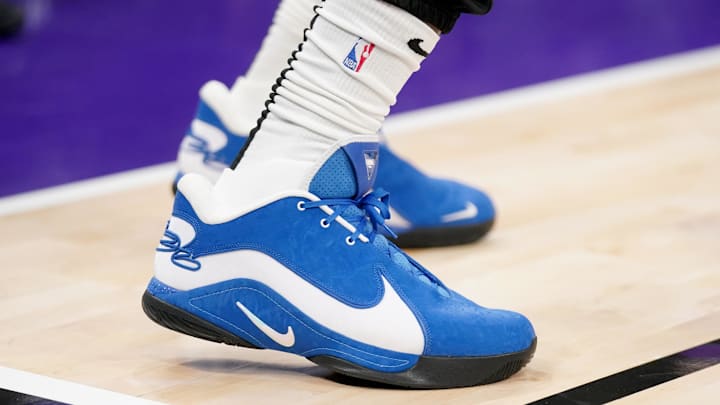 Dec 19, 2024; Sacramento, California, USA; A detail view of the shoes worn by Los Angeles Lakers forward LeBron James (23) before the start of the game against the Sacramento Kings at the Golden 1 Center. 