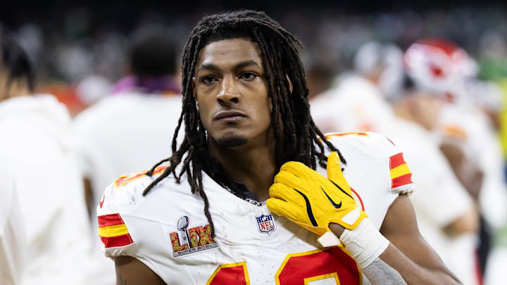 Feb 9, 2025; New Orleans, LA, USA;  Kansas City Chiefs running back Isiah Pacheco (10) against the Philadelphia Eagles in Super Bowl LIX at Ceasars Superdome.