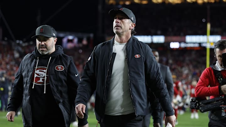 Dec 28, 2025; Santa Clara, California, USA; San Francisco 49ers head coach Kyle Shanahan looks on after the game against the Chicago Bears at Levi's Stadium. Mandatory Credit: Sergio Estrada-Imagn Images