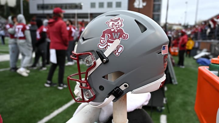 Oct 25, 2025; Pullman, Washington, USA; Washington State Cougars helmet sits during a game against the Toledo Rockets at Gesa Field at Martin Stadium. Mandatory Credit: James Snook-Imagn Images