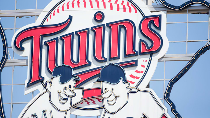 The Minnesota Twins logo in center field during a game against the Oakland Athletics at Target Field in Minneapolis on May 4, 2017.