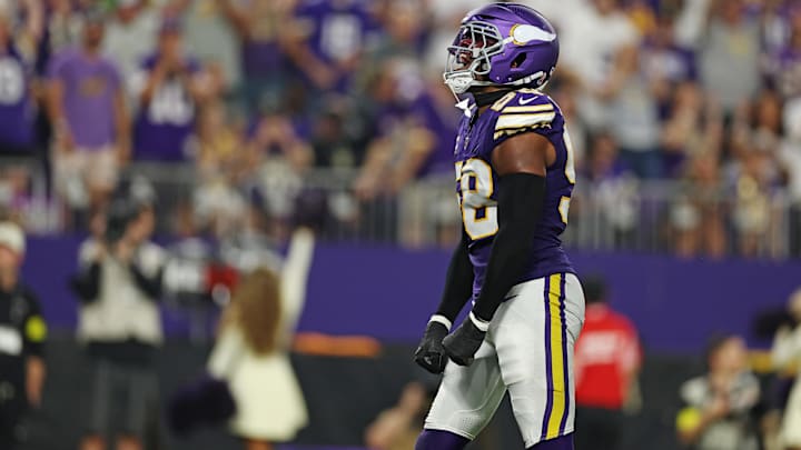 Sep 14, 2025; Minneapolis, Minnesota, USA; Minnesota Vikings linebacker Jonathan Greenard (58) celebrates a sack during the second half against the Atlanta Falcons at U.S. Bank Stadium. Mandatory Credit: Matt Krohn-Imagn Images Sep 14, 2025; Minneapolis, Minnesota, USA; Minnesota Vikings linebacker Jonathan Greenard (58) celebrates a sack during the second half against the Atlanta Falcons at U.S. Bank Stadium. Mandatory Credit: Matt Krohn-Imagn Images